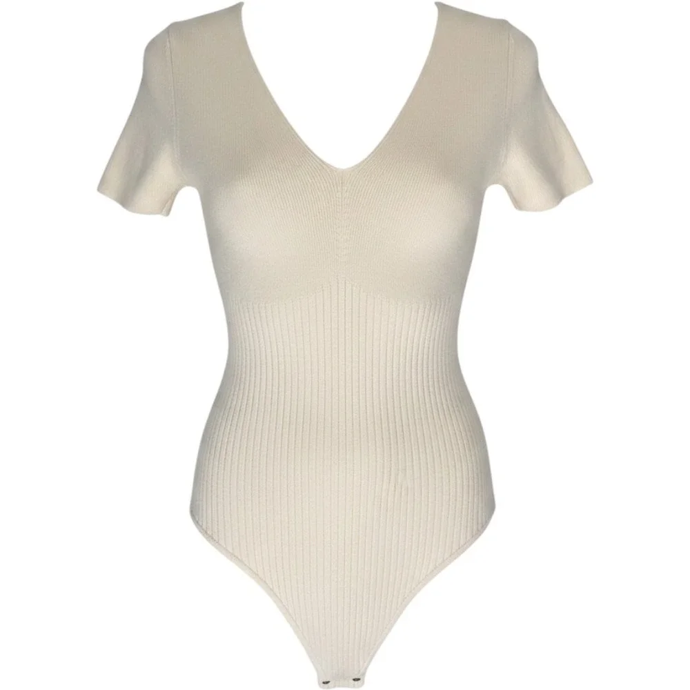 Abercrombie & Fitch Womens‎ Cream Ribbed Knit V-Neck Short Sleeve Bodysuit rib L